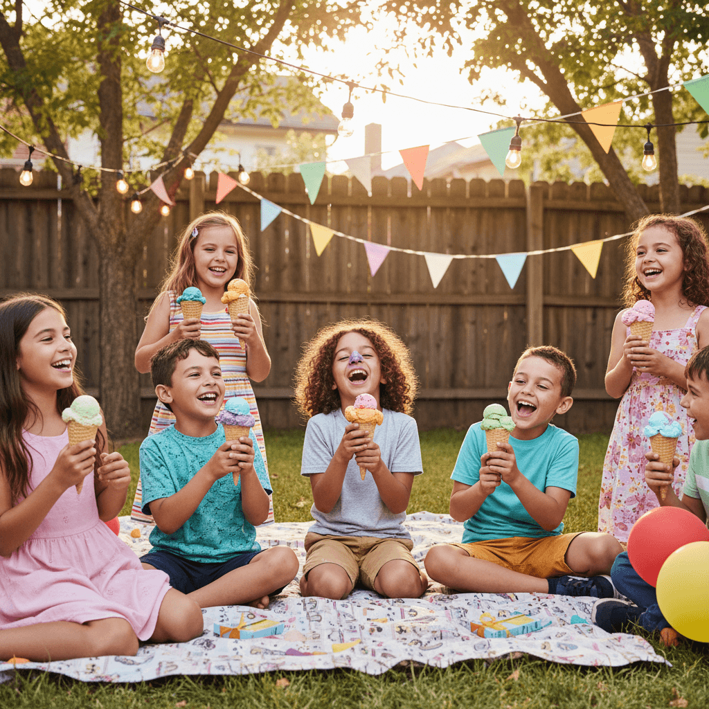 Kids laughing with ice cream cones at a backyard birthday party
