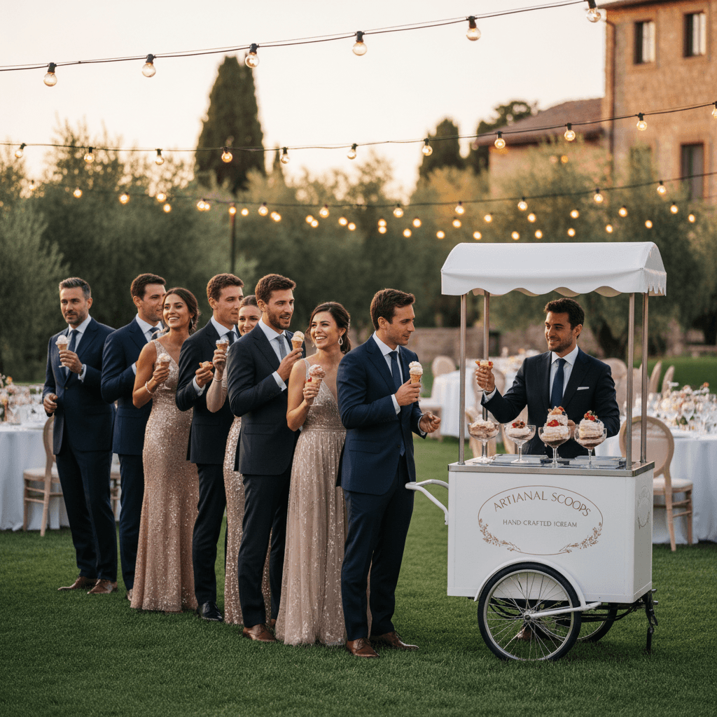 Elegant wedding guests gathered around a small-batch ice cream cart at dusk